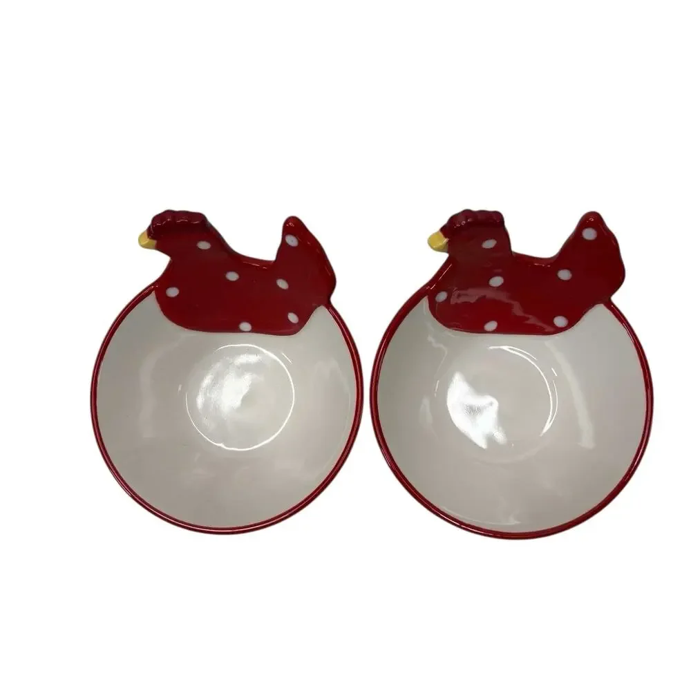 Sur La Table Red White Chicken Shaped Bowls Set of 2 Rooster Polka Dot Farmhouse